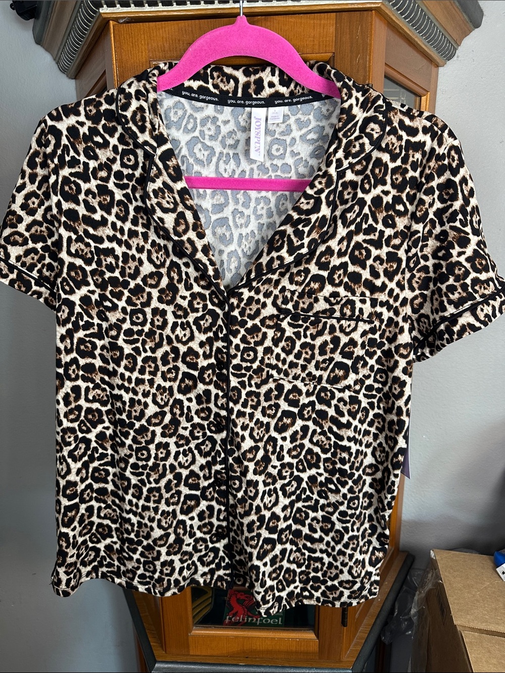 Leopard Print Short Sleeve Button-Down Shirt - Neutral Leopard